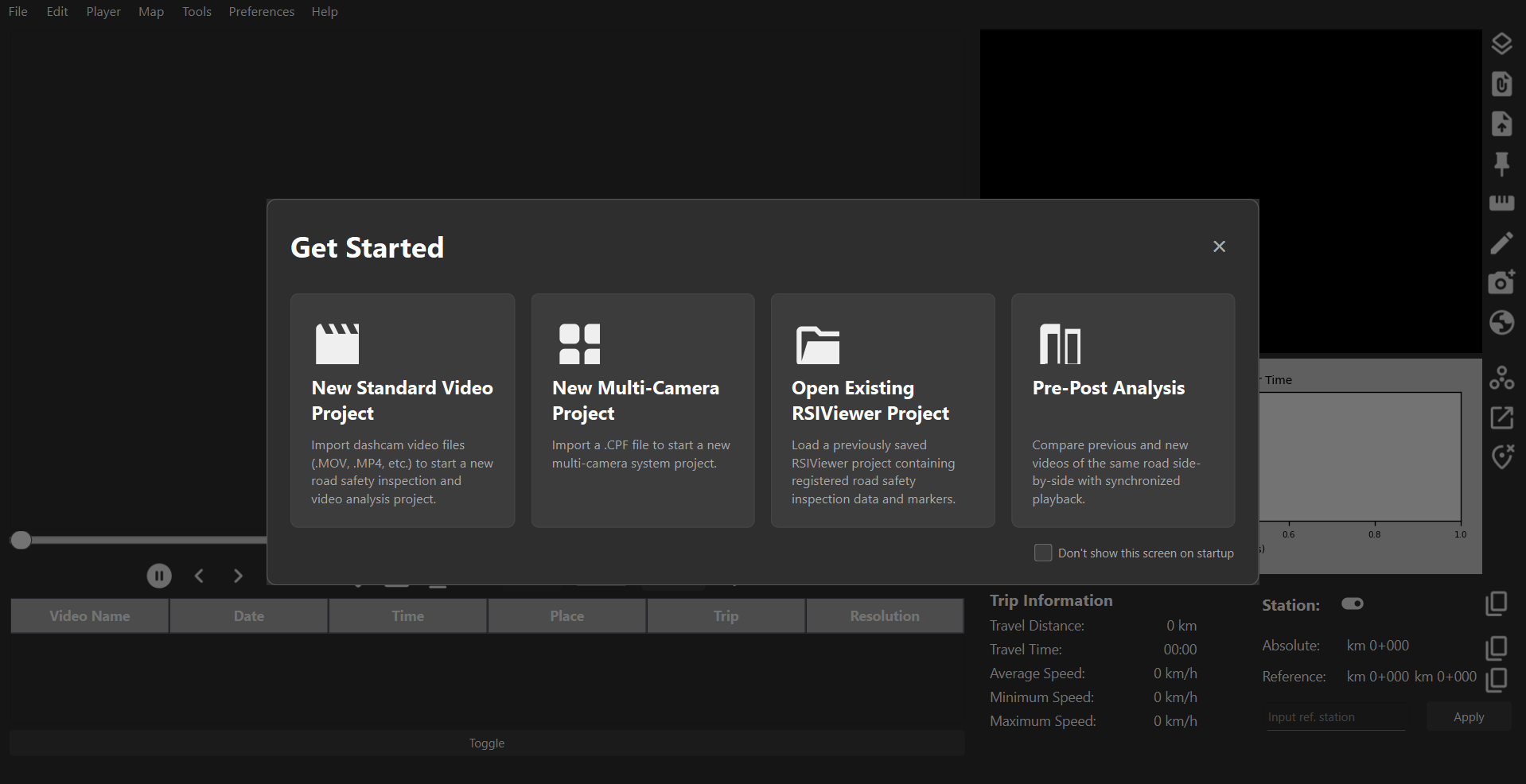RSI Viewer work mode selection interface showing standard, multi-camera, and Pre/Post Analysis modes