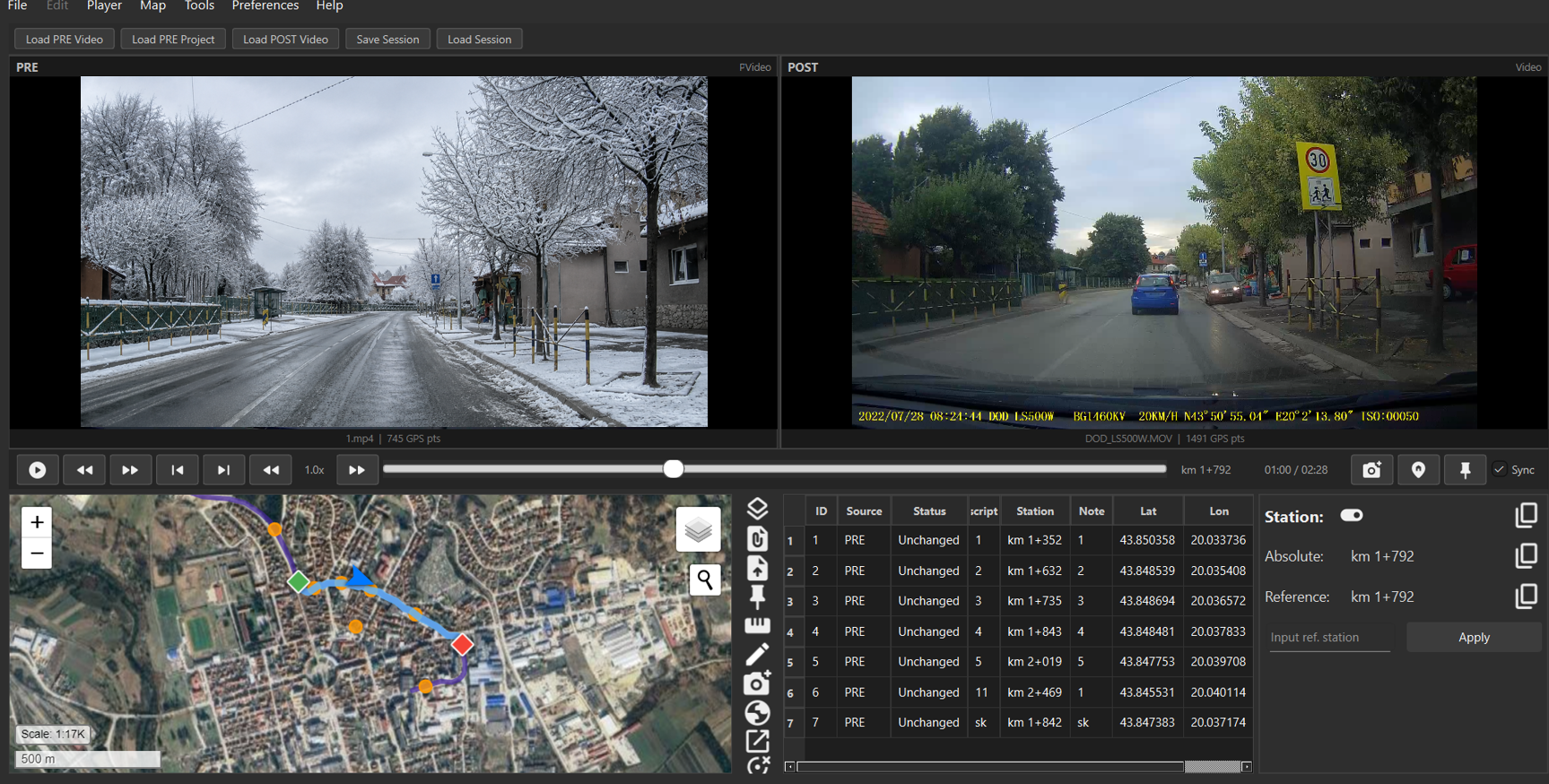 RSI Viewer Pre/Post Analysis interface comparing the same road section over time